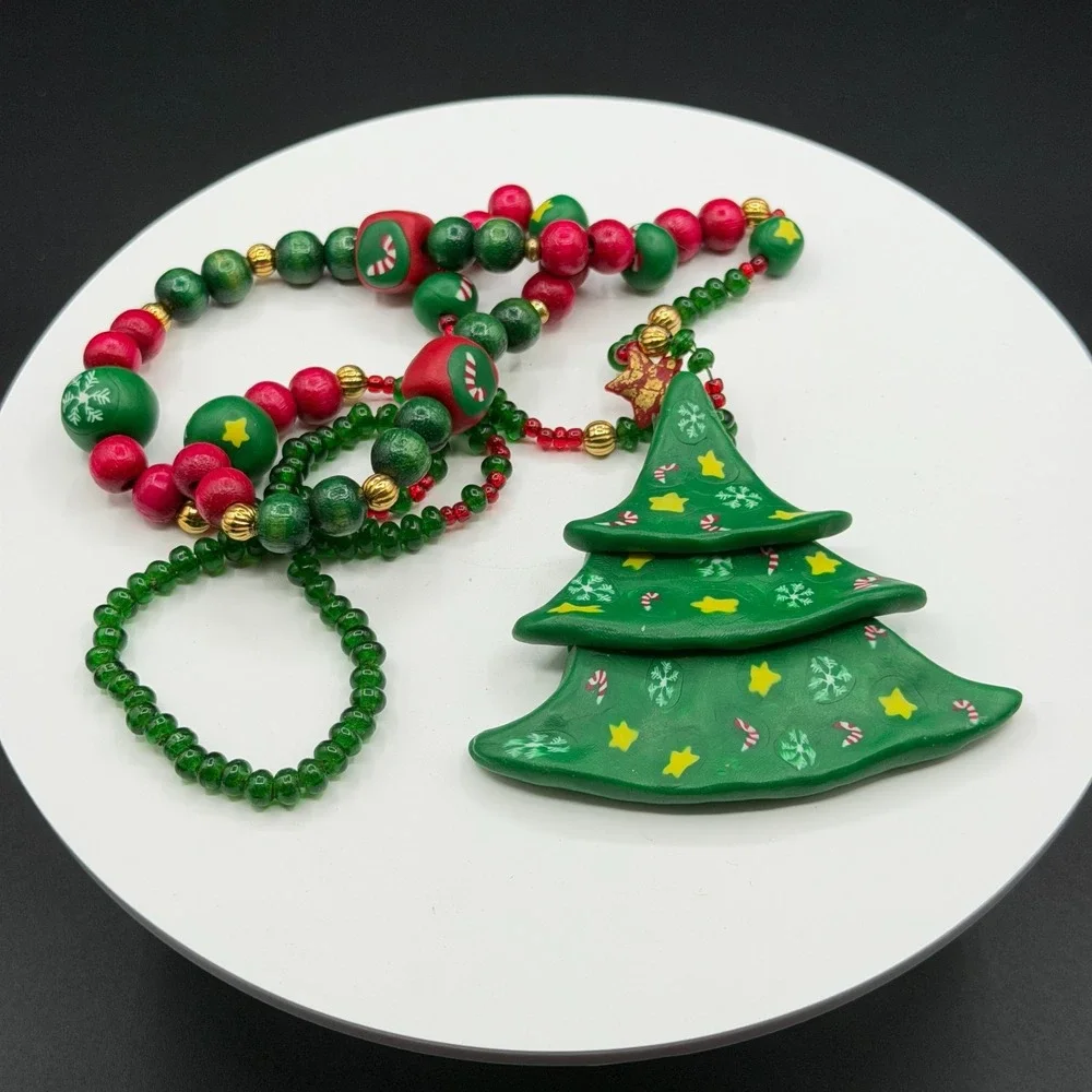Christmas Tree Pendant Necklace Red Green Wood Beads Holiday Statement Jewelry